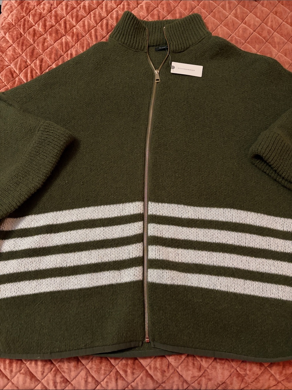 Anthropologie Olive Green Zip-Up Sweater with White Stripes